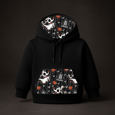 Sweatshirt preta com capuz e bolso com padrão de fantasmas e abóboras