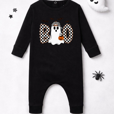 Macacão bebé preto com estampa Halloween BOO e fantasma