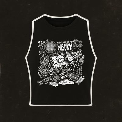 Camisola preta sem mangas com estampados brancos de desenhos e texto.