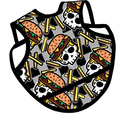 Babete com padrão de caveiras, hambúrgueres e batatas fritas com bordas pretas