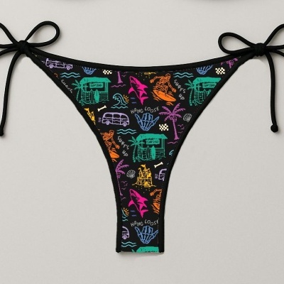 Cueca de biquíni preta com padrão colorido e tiras de amarrar nas laterais