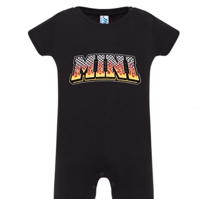 Macacão curto preto para bebé com estampado colorido MINI no peito