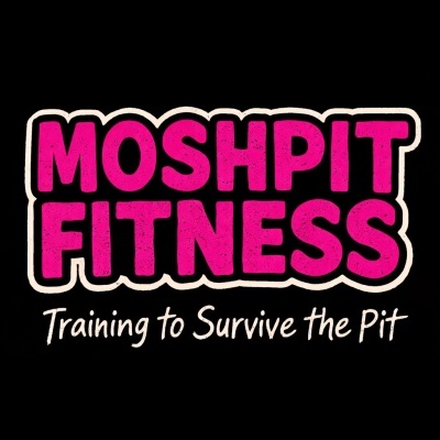 Texto MOSHPIT FITNESS em rosa com contorno branco sobre fundo preto e frase abaixo em branco.