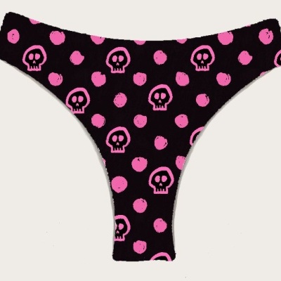 Cueca tanga preta com caveiras e bolas cor-de-rosa