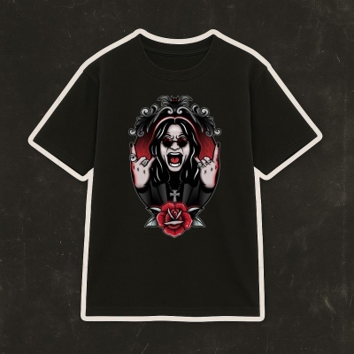 T-shirt preta com estampa gótica de figura fazendo sinal de chifres e rosa vermelha