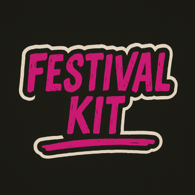 Texto FESTIVAL KIT em rosa com contorno bege num fundo preto