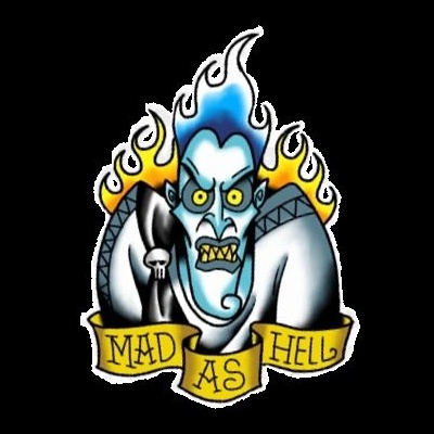 Ilustração de figura azul com chamas e texto MAD AS HELL em fita amarela