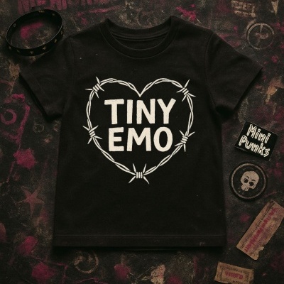 T-shirt preta com estampa em forma de coração e texto TINY EMO