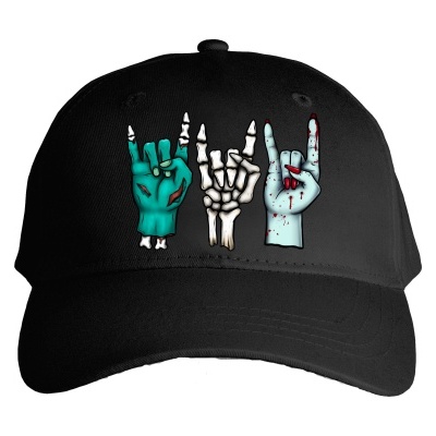 Boné preto com ilustração de mãos coloridas fazendo sinais de chifrinho
