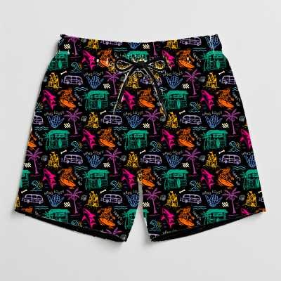 Calções de banho pretos com padrão colorido tropical