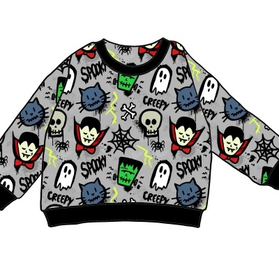 Sweatshirt infantil cinzenta com padrão Halloween colorido e punhos pretos