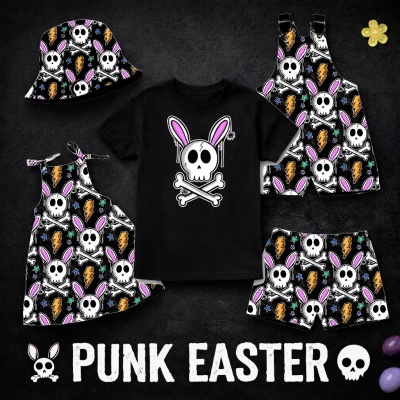 Conjunto de roupa infantil preto com caveiras e orelhas de coelho coloridas, texto Punk Easter