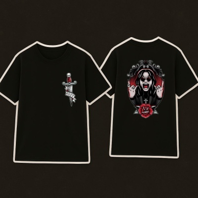 T-shirt preta com estampas de caveira, espada e figura feminina com rosa vermelha.