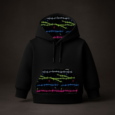 Sweatshirt preta com detalhes coloridos de arame farpado no capuz e bolso