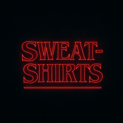 Letras de néon vermelho com a palavra SWEATSHIRTS em fundo preto