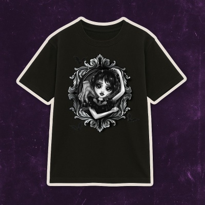 T-shirt preta com estampa de menina estilizada cinza e branca