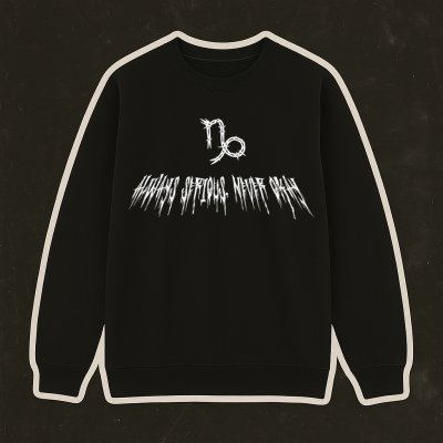 Sweatshirt preta com símbolo de signo em arame farpado branco e texto branco estilizado