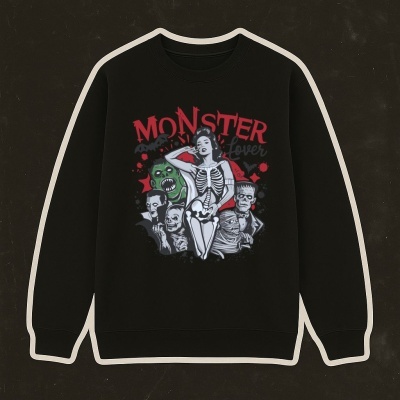 Camisola preta com estampa de personagens monstruosos cartoon e texto MONSTER Lover