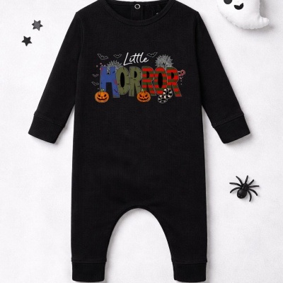 Macacão preto de bebé com estampa de Halloween e texto Little HORROR