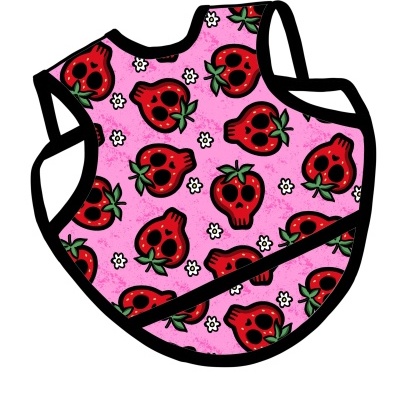 Babete rosa com padrão de morangos caveira vermelha e bordas pretas