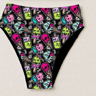 Cueca feminina com padrão de gelados tipo caveira coloridos