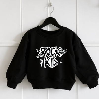 Sweatshirt preta infantil com estampado branco ROCK KID