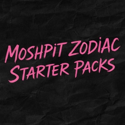 Texto rosa MOSHPIT ZODIAC STARTER PACKS sobre fundo preto texturizado