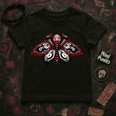 Camiseta preta com estampa de borboleta estilizada em vermelho, branco e preto