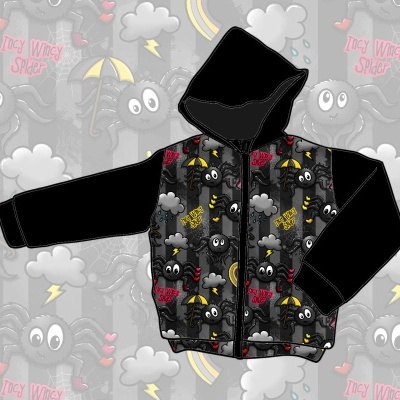 Casaco com padrão colorido de nuvens, corvos e texto Incy Wincy Spider