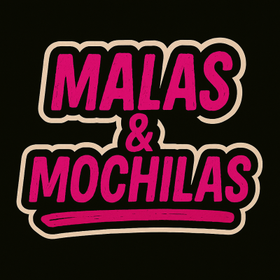 Texto 'MALAS & MOCHILAS' em rosa com contorno bege sobre fundo preto