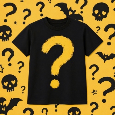 T-shirt preta com ponto de interrogação amarelo em fundo amarelo com desenhos pretos