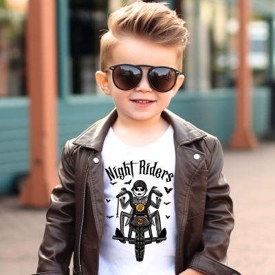 Camisola branca com estampa 'Night Riders' e casaco de cabedal castanho em criança