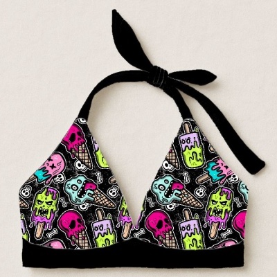 Top bikini padrão gelados e caveiras cores neon sobre fundo preto