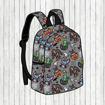 Mochila cinza com padrão divertido de Halloween e alças pretas