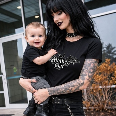 Mulher tatuada com t-shirt preta Mother Bat segurando bebé com roupa preta à frente de edifício de vidro.