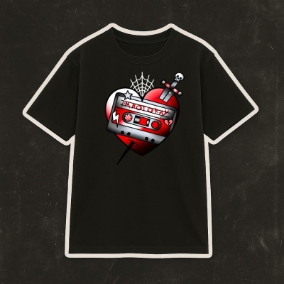 T-shirt preta com estampa de coração vermelho e fita cassete