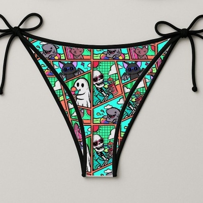 Cueca de bikini colorida com desenhos animados de fantasmas, esqueletos e morcegos