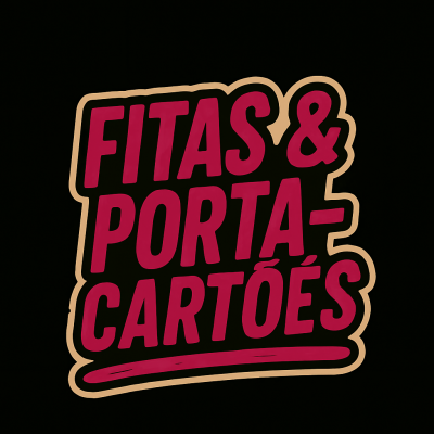 Texto 'FITAS & PORTA-CARTÕES' em vermelho e contorno bege sobre fundo preto