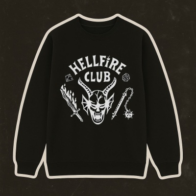 Sweatshirt preta com estampa branca 'HELLFIRE CLUB' e ilustração demoníaca
