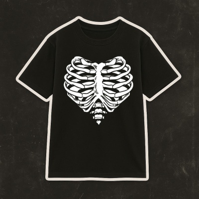 T-shirt preta com estampa branca de caixa torácica em forma de coração