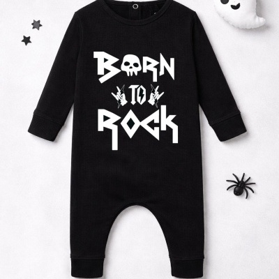 Macacão preto para bebé com texto branco BORN TO ROCK e ilustrações, decorado com aranha, estrelas e fantasma