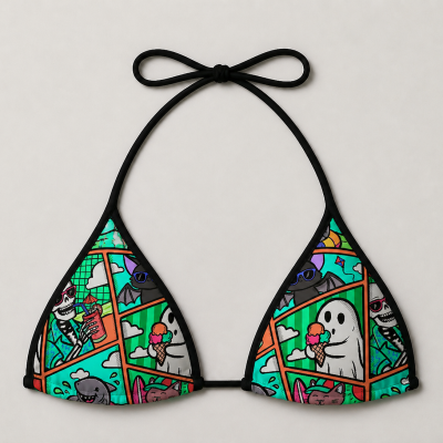 Top de biquíni triangular colorido com desenhos de esqueleto, fantasma e tubarão