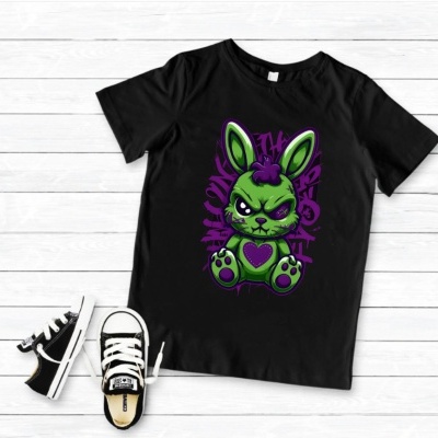 Camiseta preta com estampa de coelho verde e roxo ao centro