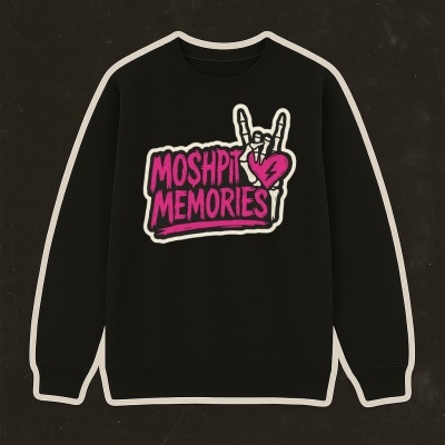 Sweatshirt preta com estampa 'MOSHPIT MEMORIES' em rosa e branco com mão em sinal de rock.