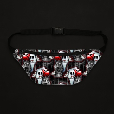 Pochete preta com padrão de fantasmas, corações vermelhos e lápides com texto Dead Tired