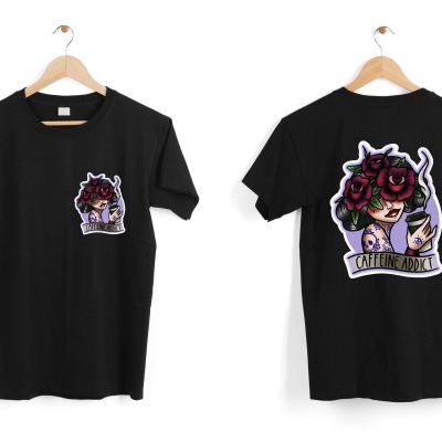 T-shirt preta com estampado colorido e texto Crafting Power