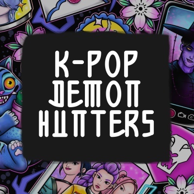 Ilustrações coloridas de personagens em estilo cartoon com texto K-POP DEMON HUNTERS ao centro.