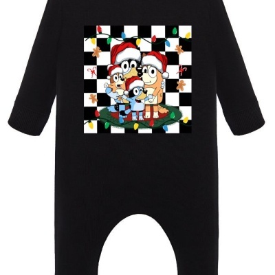 Macacão preto bebé com desenho família pinguins Natal gorros vermelhos