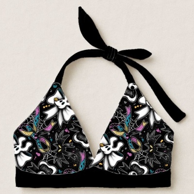 Top de bikini triangular com padrão de Halloween e alças para amarrar.
