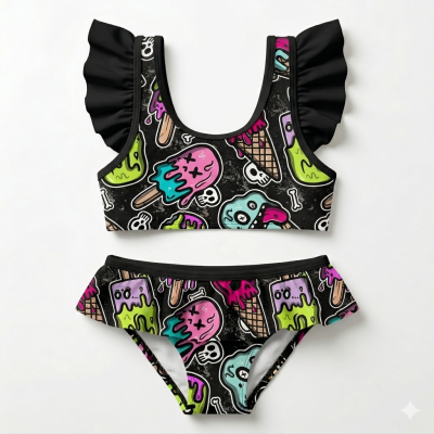 Conjunto de bikini infantil com padrão colorido de gelados e caveiras